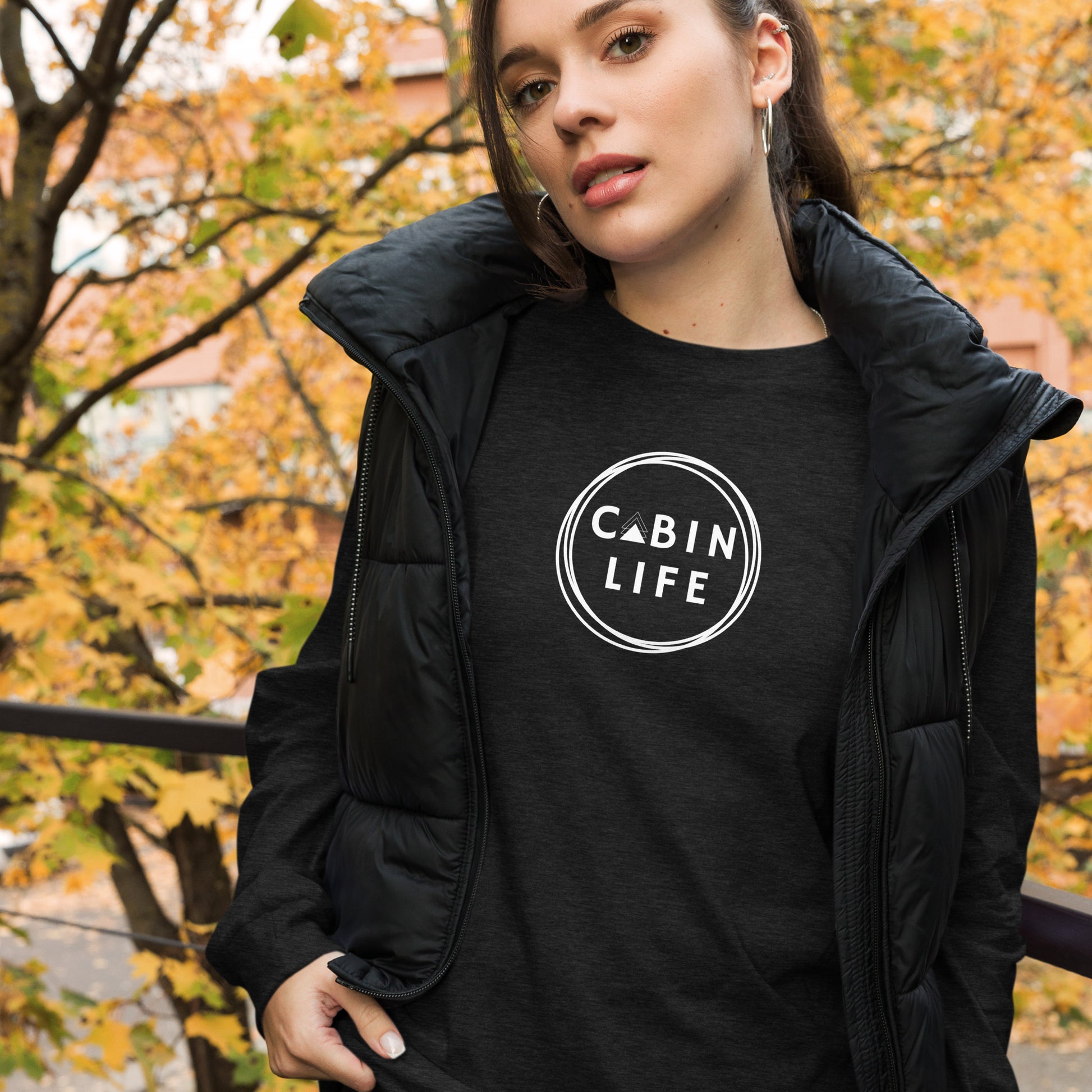 cabin life tshirt longsleeve t-shirt top shirt cozy clothing aframe a-frame woods forest wear circle graphic triangle comfy bella canvas 