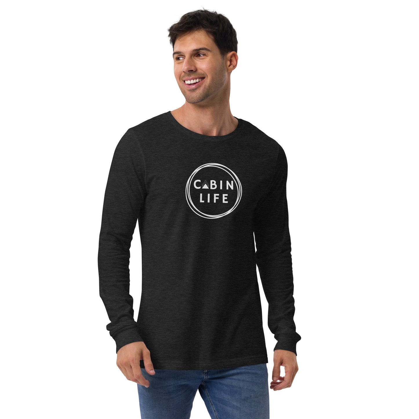 cabin life tshirt longsleeve t-shirt top shirt cozy clothing aframe a-frame woods forest wear circle graphic triangle comfy bella canvas 
