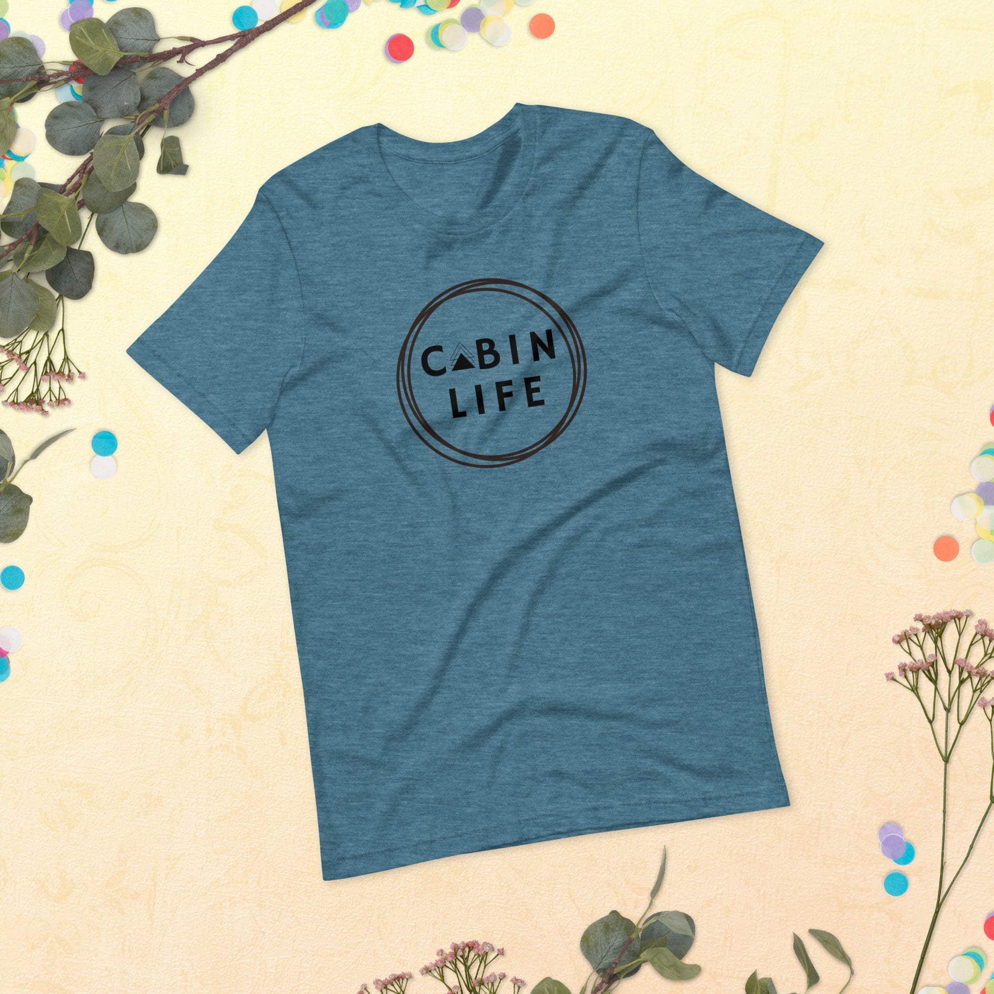 cabin life tshirt t-shirt top shirt cozy clothing aframe a-frame woods forest wear circle graphic triangle comfy bella canvas 